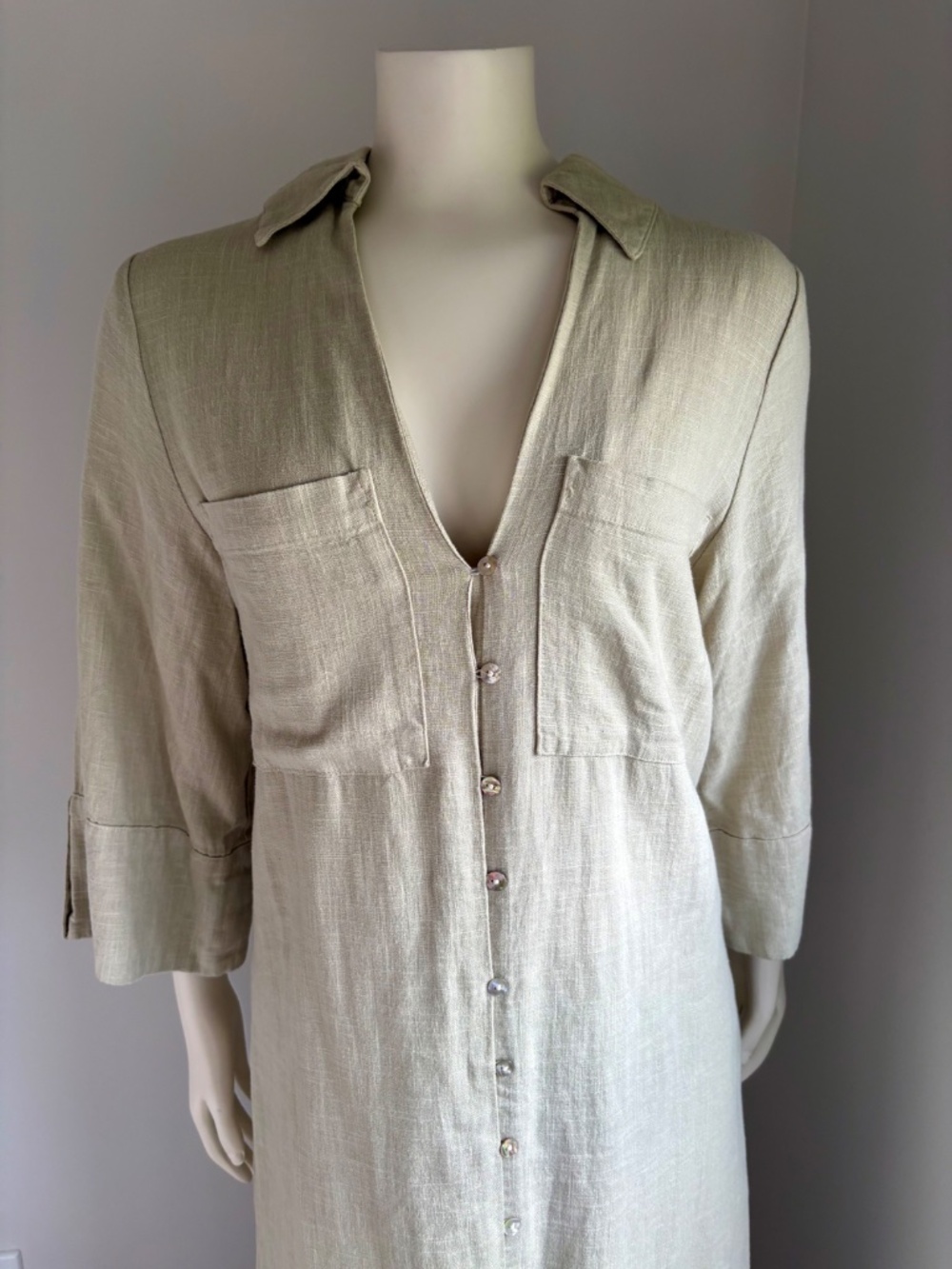 Zara Linen Blend Maxi Shirt Dress NWT XS Sage Green Button Front - Picture 4 of 6